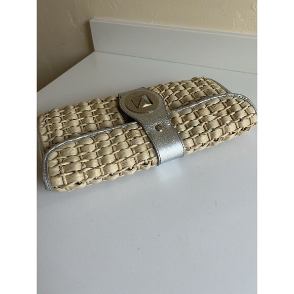 Kate Spade New York Woven Straw Basket Clutch Silver Metallic Leather Trim - Picture 7 of 12